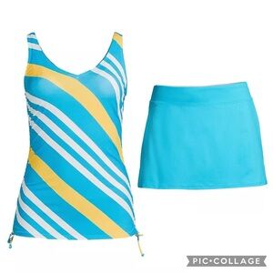 EUC Lands End Set - V Neck Underwire Tankini Top and Skirt Swim Bottoms - 12